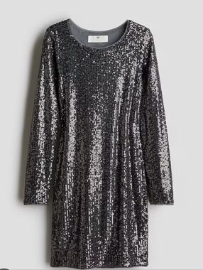 H&M Black Silver Sequin Long-Sleeve Shift Dress Grils 8/10